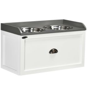 Raised Pet Feeder, Large Pet Dish Bowl Set with Storage Drawer, 2 Steel Bowls, White
